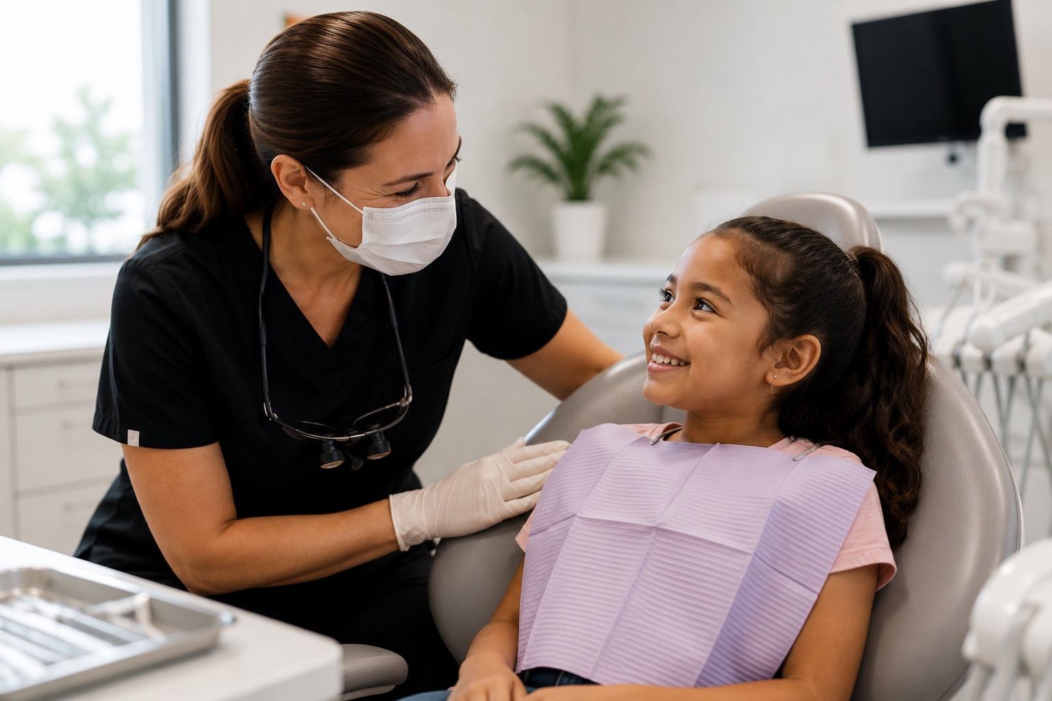A dental professional gently caring for a smiling young patient in a bright, modern dental office